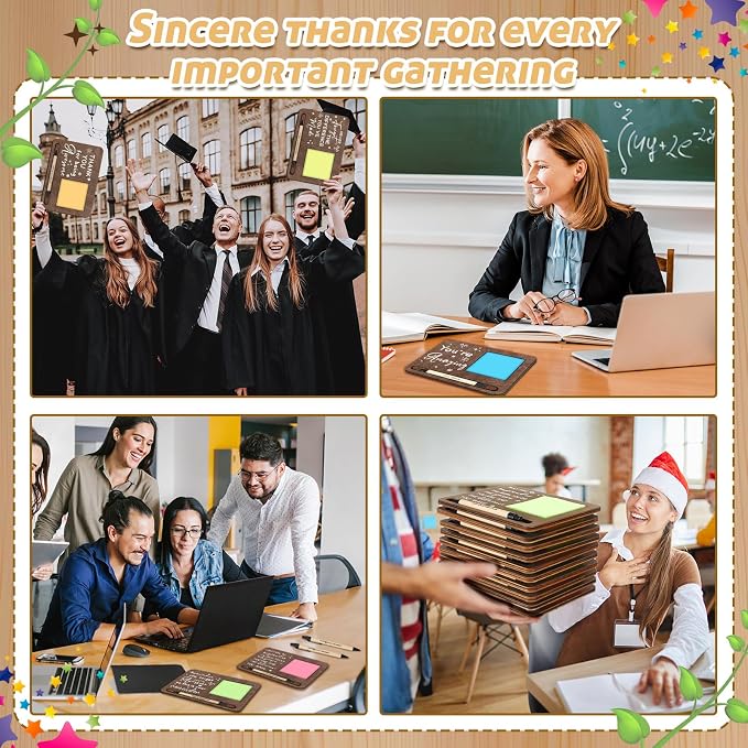 Kosiz 10 Set Back to School Teacher Gifts Wooden Sticky Note Holder with Notes and Ballpoint Pens Inspirational Sticky Notes Sets for Teacher Back to School Party Supplies, Brown
