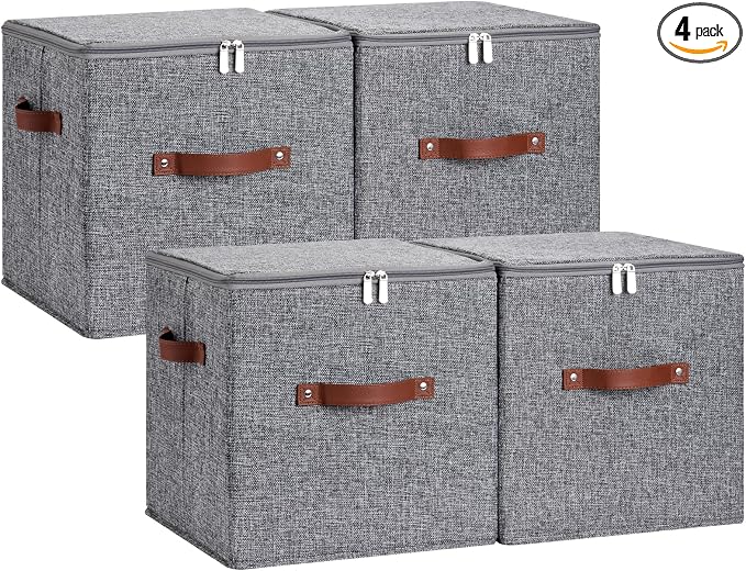 4PCS Large Storage Cubes with Zippered Lids 3 PU Leather Handles | Fabric Storage Bins Boxes Cotton Linen Decorative Foldable Washable Lidded Shelf Closet Organizer Container (Gray, 13 Inch)