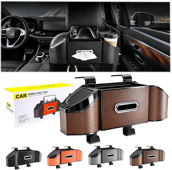 2026 Upgrade 4-in-1 Car Organizer Back Seat, Leather Multifunctional Car Organizer and Storage Box with Cup Holders for Hold Phone, Snacks, Drinks, Handbag, Keep Your Ride Clean & Organized (Brown)