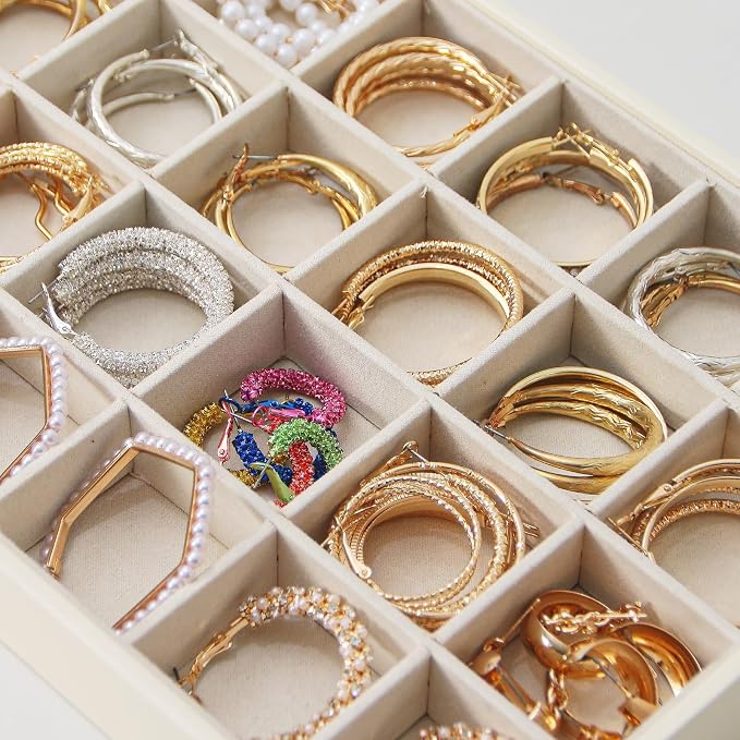 Stackable Jewelry Organizer Tray For Drawers,White Leather Small Earring Storage Tray,Bracelet And Necklace Display Box,Jewelry Ring Display Case (24 Grids)