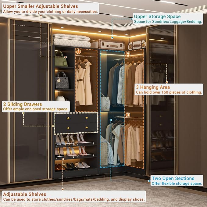 Besiost Closet System with 2 Drawers, 3 Hanging Rods, 59.5" * 31.5" Closet Organizer System with Corner Tower, Reversible L Shaped Walk-in Closet System, Corner Closet System Set of 2, Black