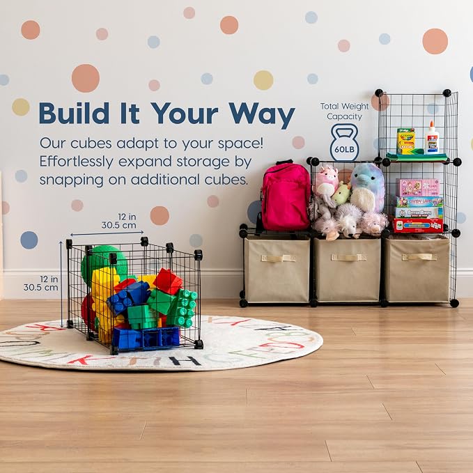 IRIS USA 6-Cube Modular Wire Cube Storage Organizer | Adjustable & Expandable Metal Shelving for Closet, Bathroom & Home Storage, Stackable Wire Grid