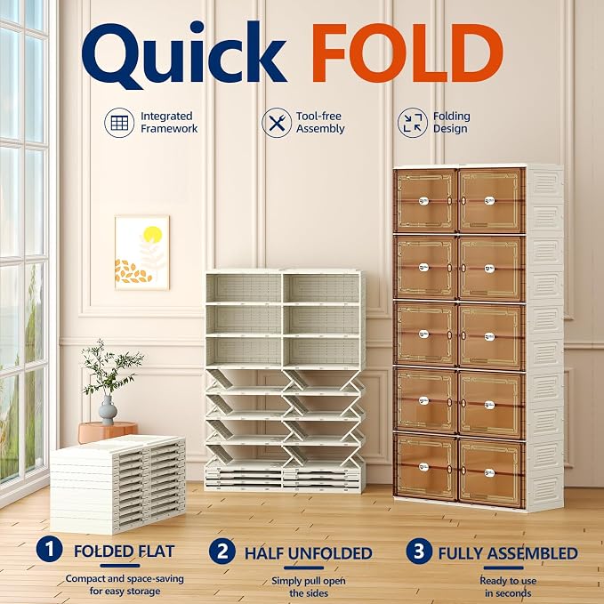 Foldable Shoe Cabinet with Magnetic Clear Doors, Wide Design Shoe Rack for Entryway, Portable Shoe Organizer Meeting Diverse Storage Needs (White, 2Row 8Tier)