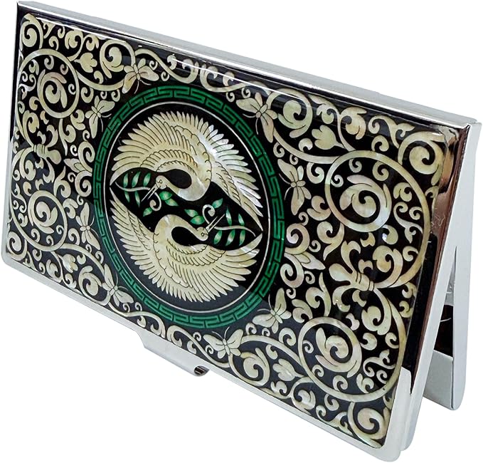 Mother of Pearl Business Card Case Credit Id Name Holder Travel Wallet Art Painting Design Metal Stainless Steel Engraved Slim Purse Pocket Cash Money Wallet -Crane-(Kiss)