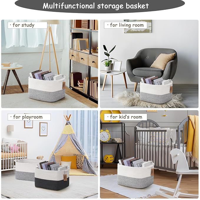 COMFY-HOMI Cotton Rope Woven Basket with Handles for Shelves,Toys,Book, Cloth Storage Baskets Bin for Organizing- 1 PCSToy Decorative Organizer for Living Room, Bathroom