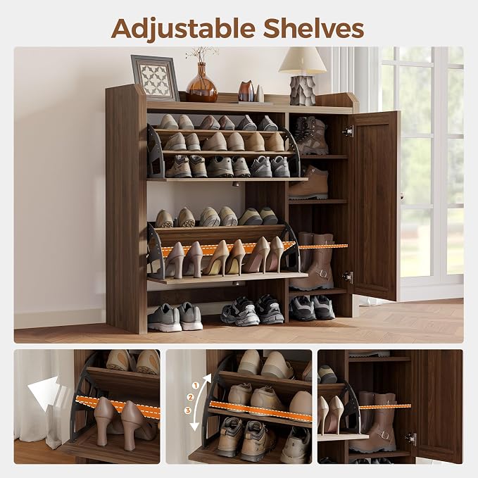 Mericonia Shoe Cabinet Storage for Entryway with 2 Flip Drawers(3-Tier), Rattan Freestanding with Door & 3 Adjustable Shelve,Hidden Shoe Rack Organizer for Hallway, Foyer