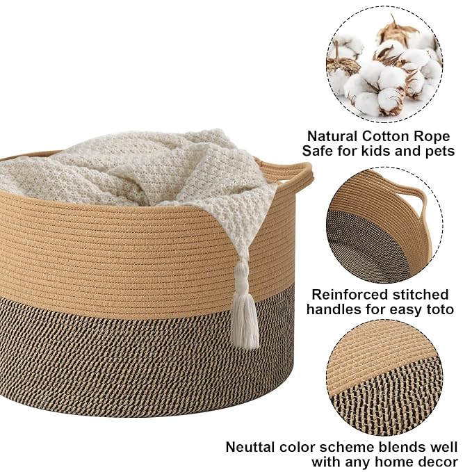 115L Extra Large Blanket Basket,Woven Rope Laundry Basket Hamper with Handles, Decorative Nursery Basket Storage Bin for Toys, Clothes Organizer, Living Room, Bedroom, Bathroom, Jute&Black