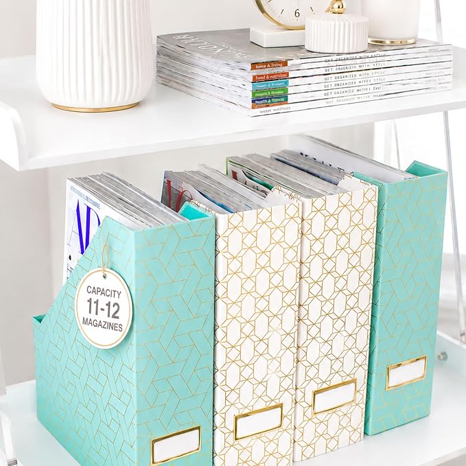 BLU MONACO | Set of 4 Foldable Pink & Aqua Magazine File Holders with Gold Geometric Patterns | Vertical File Organizer Boxes with Gold Label Holders for Home & Office
