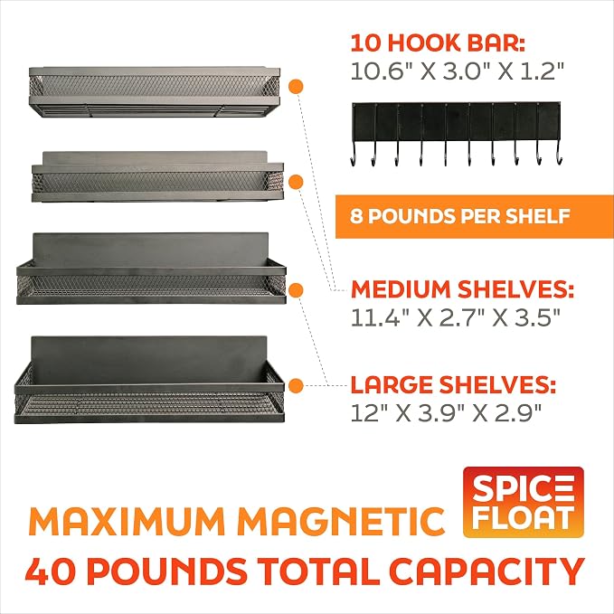 Houseify Spice Float Magnetic Spice Racks, Set of 4, Black | Epoxy-coated 4.5mm steel, neodymium magnets, 10-hook bar, holds 40 lb, no installation required