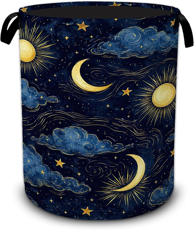 Sun Moon Laundry Basket,Stars Clouds Foldable Oxford Laundry Hamper with Handles,Collapsible Clothes Storage Bucket Tote Bag for Laundry Room,Bathroom,Bedroom,Dorm
