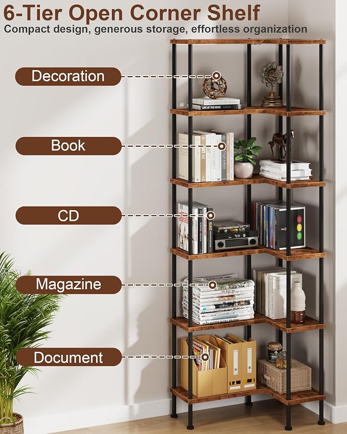 HIGDBFE 6-Tier L-Shaped Corner Bookshelf, 67" Tall Modern Corner Shelf | L-Shape Corner Fits Living Room, Bedroom, or Home Office Corners, Open Shelves, Display Rack for Books, Plants, and More