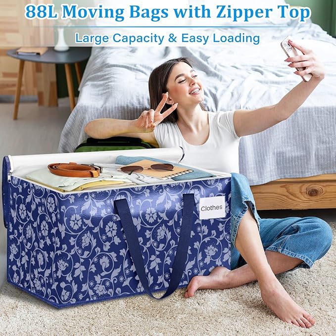 HomeHacks Moving Bags, Extra Large Size Moving Boxes, Heavy Duty Luggage Bags with Smooth Zipper and Sturdy Handles, Large Capacity & Easy Loading Storage Totes for Space Saver 88L, 10-Pack, Blue
