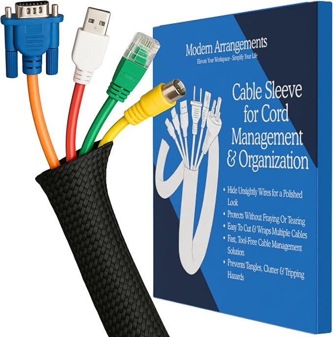 Cable Management Sleeve & Cord Organizer for Desks - Wire Management Cover to Conceal & Protect Messy Cables for Computers, TV & Electronics - 10 ft x 0.5"