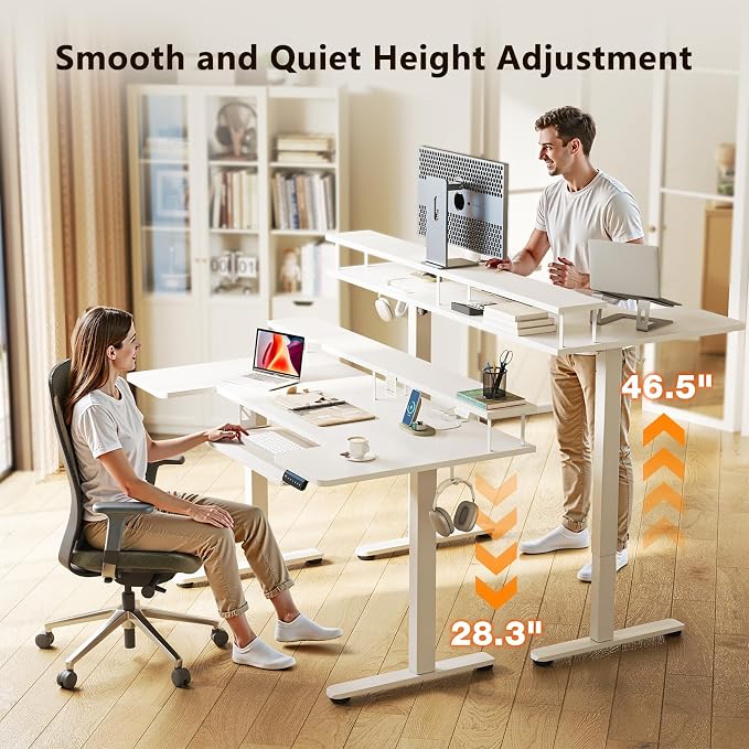 OffiGo 55 Inch U Shaped Electric Standing Desk with Keyboard Tray, White | 3 Outlets & 2 USB Ports, Dual-Monitor Stand, 10 Colors & 10 LED Modes, 3 Presets, 28.3"-46.5"in Range, 154 lb Capacity
