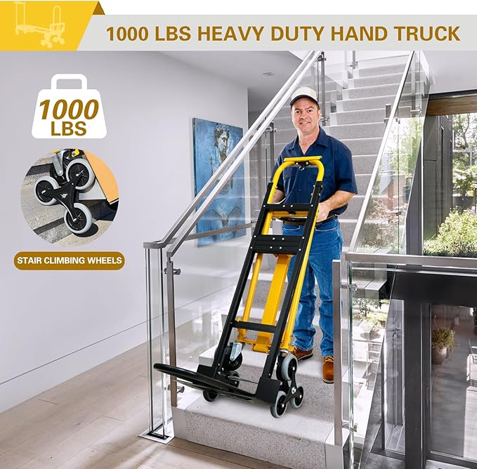 3 in 1 Heavy Duty Industrial Convertible Hand Truck Dolly,1000 LBS Capacity Aluminum Dolly Hand Truck for Stairs,Stair Climbing Hand Trucks with Rubber Wheels for Moving,Transport(Yellow)