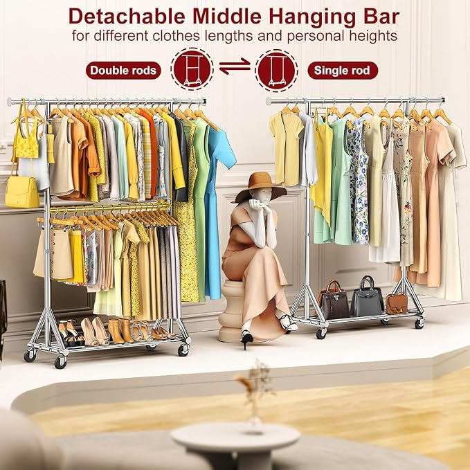 100% Stainless Steel Heavy Duty Clothes Rack Load 860LBS, Adjustable Height Double Rods Clothing Racks for Hanging Clothes, Rolling Garment Rack With Sturdy Wheels Shelf, Portable Closet Wardrobe Rack