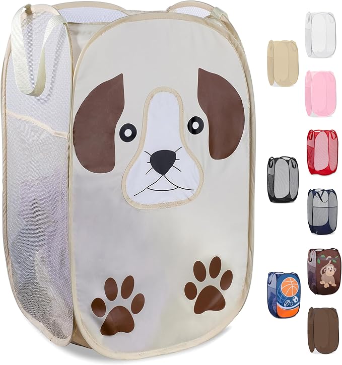 Pop Up Laundry Hamper, Cute Puppy 71L Collapsible Mesh Basket with Handles | Breathable Foldable Clothes Basket, Reinforced Handles, Side Pocket - for Dorm, Travel, Kids Room, Bedroom - Handy Laundry