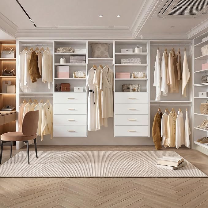 31.5" Double Hanging Closet Module, White MDF Closet Organizer System with 2 Aluminum Hanging Rods, Wall-Mounted Wardrobe Storage for Shirts, Pants, Coats, Bedroom, Walk-In Closet Unit
