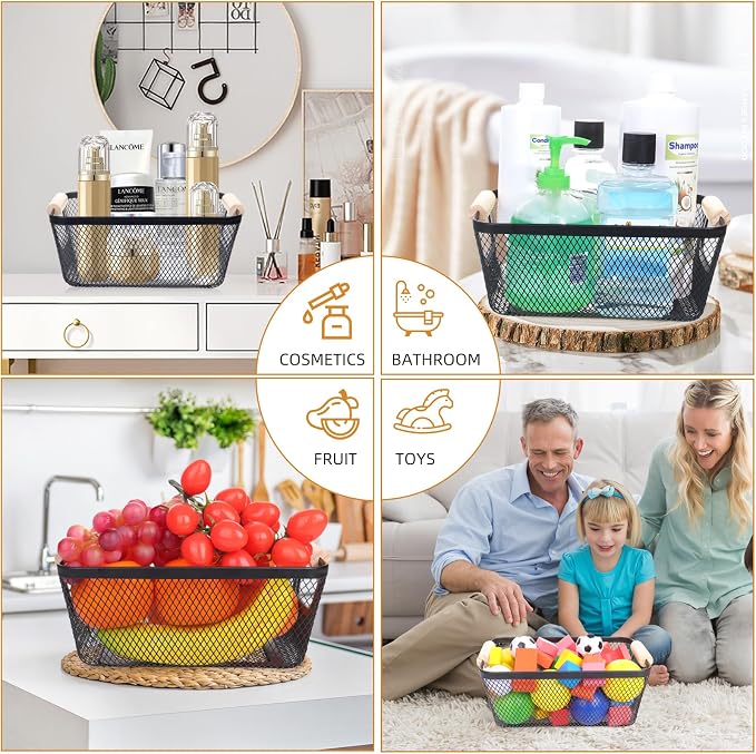 6Pack Black Wire Basket with Wooden Handle, Storage Bins for Pantry, Metal Mesh Basket for Kitchen Organization, Snack Organizer for Home Cabinet Closet Bathroom Fridge Fruit Makeup and Office
