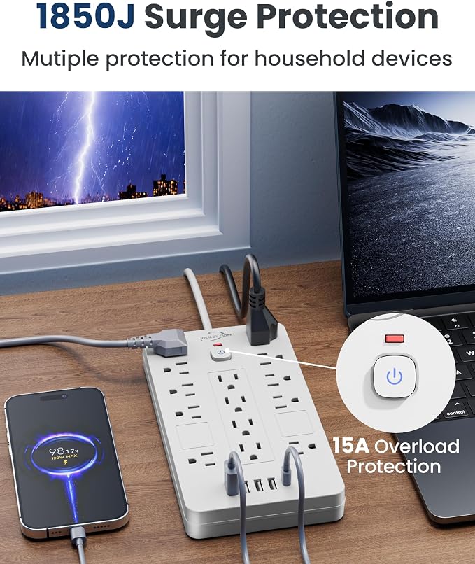 JouleLoom 2 Pack Surge Protector Power Strip-14 Outlets and 6 USB Ports, 6 Feet Flat Plug Extension Cord, 1850 Joules, White, ETL Listed for Home, Office, Dorm Room