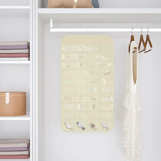 Double-Sided Hanging Jewelry Organizer for Necklaces Earrings, 2-Pack Beige | Foldable 36 hooks & 40 clear pockets; swivel hook fits walls, doors & rods for earrings, bracelets, rings & small jewelry
