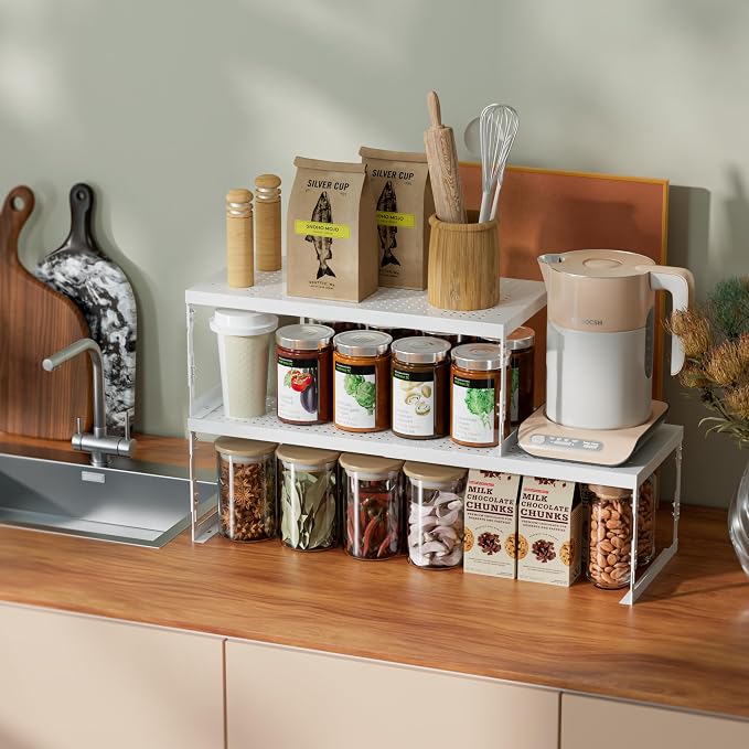 Jojocross Adjustable Stackable Metal Storage Shelf Organizer - Expandable Wire Rack with Perforations for Kitchen, Pantry, Bathroom, Cabinet & Office-Compact, Durable & Sturdy (2PACKS/Medium/White)