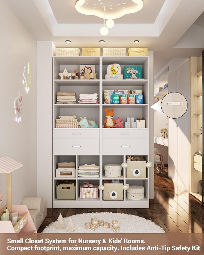 Besiost 22" Closet System with Drawers, Small Closet Organizer for Walk in Closet, Wardrobe Storage Unit with Storage and Shelves, White