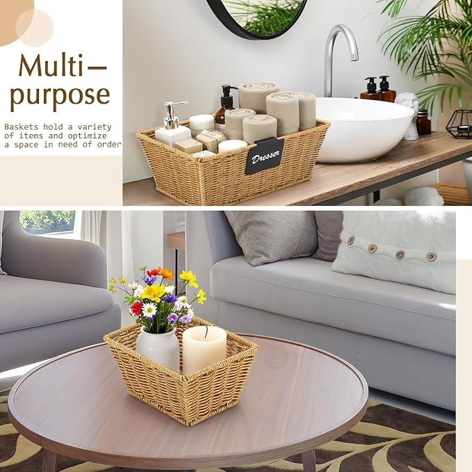 Marsui 6 Pcs Wicker Storage Baskets for Pantry Organization with Labels Handwoven Multi-size Natural Wicker Storage Bins for Organizing Small Baskets Container for Shelves Closet Toilet