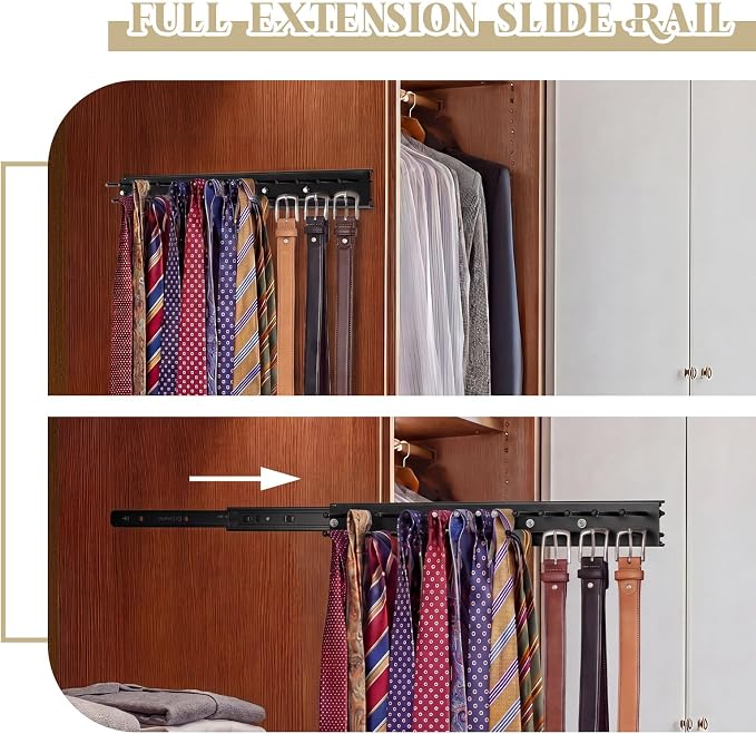 Blulu 1 Pcs 13.8'' Sliding Tie Rack Hanger for Closet, 25 Tie Pull Out Wall Mounted Extending Sturdy Metal Belt Organizer Holder for Men Belt Storage, Black