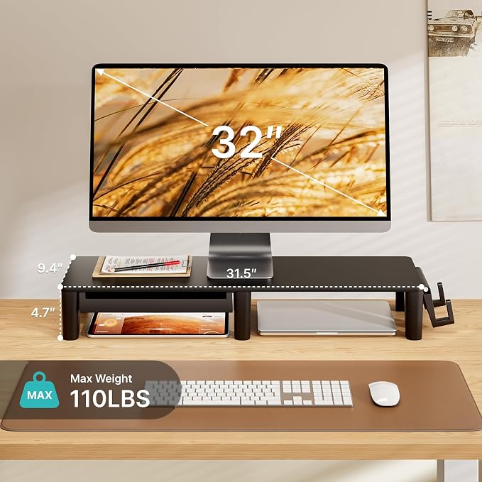 PEGZONE Ergonomic Monitor Stand Riser with Storage Drawer | Computer Riser For PC, Laptop,31.5" desk monitor stand,Desktop Shelf Organizer,For Home Office