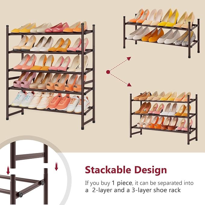 Tajsoon Expandable Shoe Rack for Closet 5 Tier, 28“-41“Stackable, Bronze | Adjustable Shoe Organizer Closet Shoe Rack Floor, Metal Shoe Shelf Storage for Entryway, Closet, Garage, Front Door Entrance
