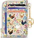 GIANCOMICS Slim Wallet Credit Card Holder Women, Chicken Rooster Flower Rfid Small Card Case, Keychain Thin Pocket Curved Zipper Wallet, Travel Card Holder PU Leather ID Window, Ladies Female Gifts