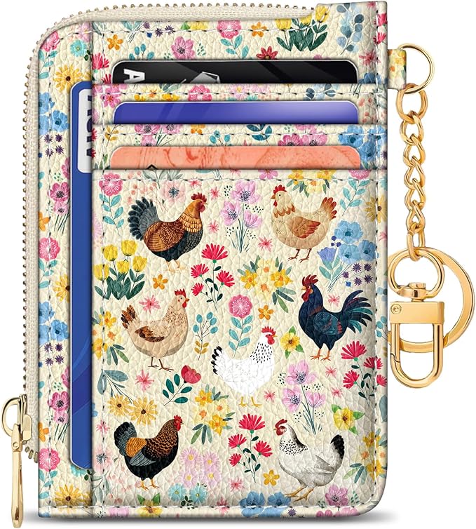 GIANCOMICS Slim Wallet Credit Card Holder Women, Chicken Rooster Flower Rfid Small Card Case, Keychain Thin Pocket Curved Zipper Wallet, Travel Card Holder PU Leather ID Window, Ladies Female Gifts