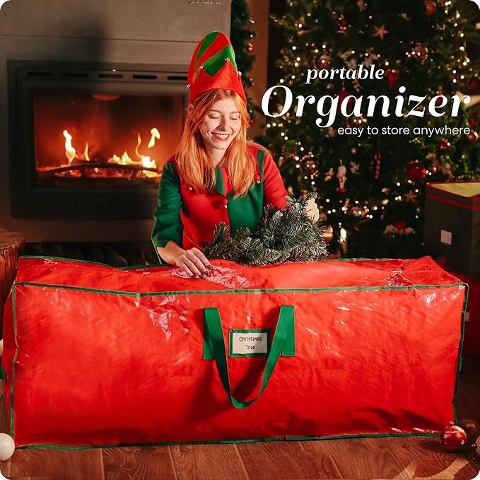 Handy Laundry Christmas Tree Storage Bag for 9 Foot Artificial Tree – Heavy Duty Waterproof Tarp, Reinforced Handles, Double Zipper, Protects from Dust & Moisture, Spacious Holiday Décor Storage, Red