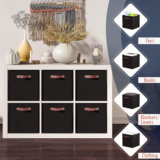 Ornavo Home 11x11 Foldable Fabric Storage Cube Bins, 6 Pack, Black | Collapsible Linen Shelf Basket Organizer; Leather Handles; Ideal Cube Storage For Closet