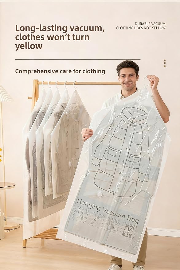 Yanhe hanging vacuum storage bags for coats, 27x43 in 6PCS+EPump, vacuum storage bags,Clothing protection, dustproof and anti-aging protection to prevent wrinkles for Clothes, Suits, Coats or Jackets
