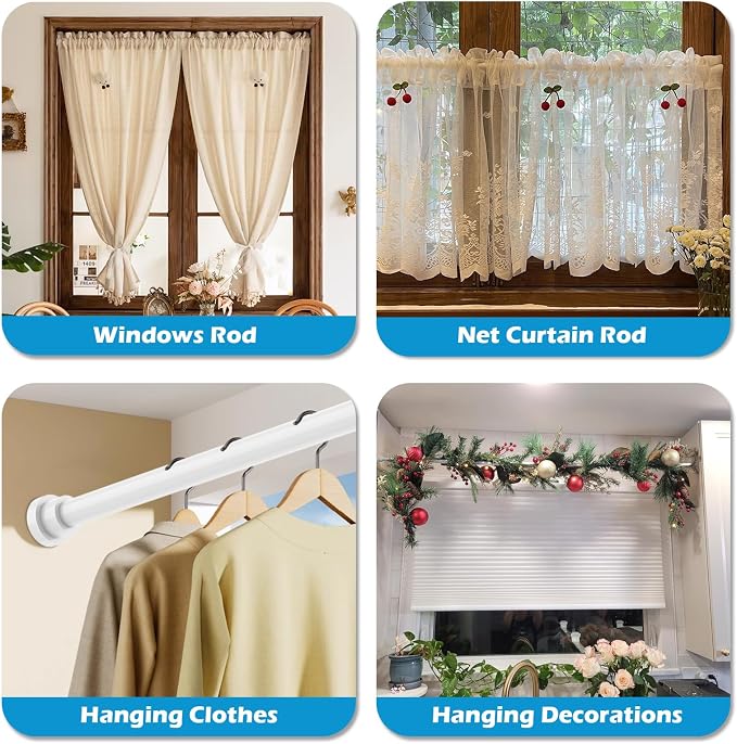 Spring Tension Rods 33 to 45 inch Adjustable Tension Curtain Rod No Drilling Expandable Small Tension Rod White Spring Loaded Curtain Rods for Windows, Doors, Doorway, Closet