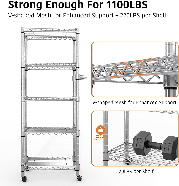 Metal Storage Shelves 5 Tier with Wheels, 1100 LBS Adjustable Wire Shelving Rack Shelves Units with Side Handle for Hanging, Rolling Shelf Organizer for Kitchen Garage, 11.8" W x 23.6" D x 61"H,Silver