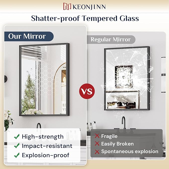 Keonjinn Black Bathroom Mirror 22 x 30 Inch, Stainless Steel Metal Framed Wall Mirror for Over Sink, Anti-Rust, Tempered Glass, Upgrade Installation, Rectangluar Square Corner, Matte Black