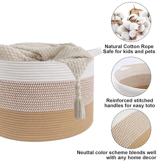 115L Large Blanket Basket,23.6"L x 23.6"W x 15.7"H Rope Woven Baskets with Handles, Toys Storage Bins,Laundry Basket Perfect for Living Room, Nursery,Bedroom,Home Organization,Yellow