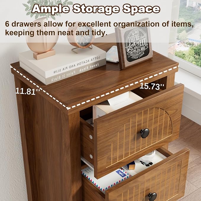 Lxsxlome 6 Drawer Dresser for Bedroom,Modern 52.55'' Tall Wood Chest of Drawers, Storage Organizer with Fluted Panel & Anti-Tip Kit for Closet, Hallway, Living Room,Nursery (Walnut, 6 Drawers)
