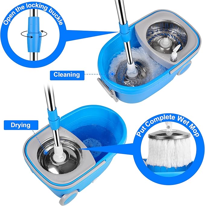 Mop and Bucket with Wringer Set, Mop and Bucket on Wheels Floor Cleaning System with Spin Mop Head 61 Inch Refills Extended Stainless Steel Handle for Home Office Household Cleaning