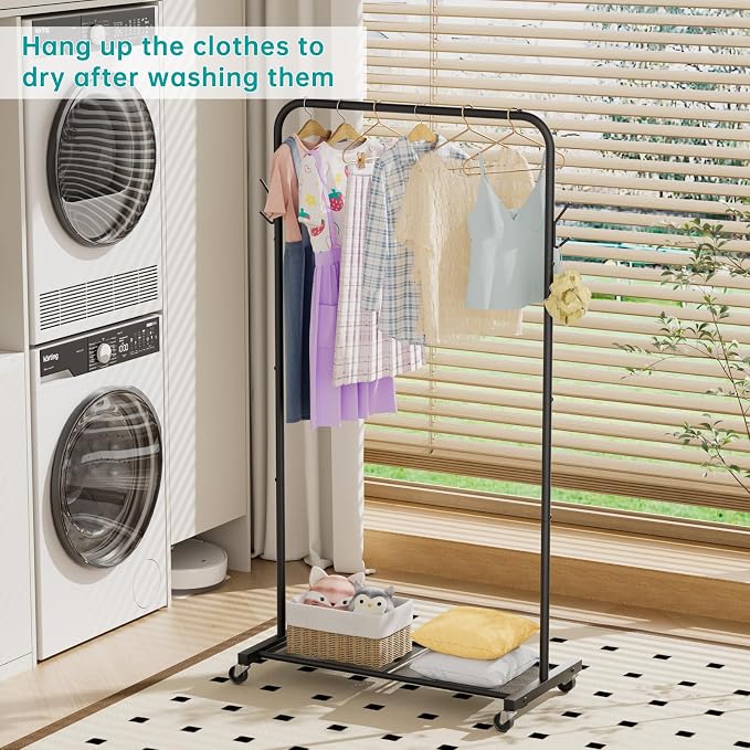 SINGAYE Wardrobe Standing Closet Clothing Rack With Shelf Hanging Clothes | Wardrobe Open Compact Small Metal Garment Hanger Stand Alone Free Standing Black Closet Rack Storage Organizer Heavy Duty