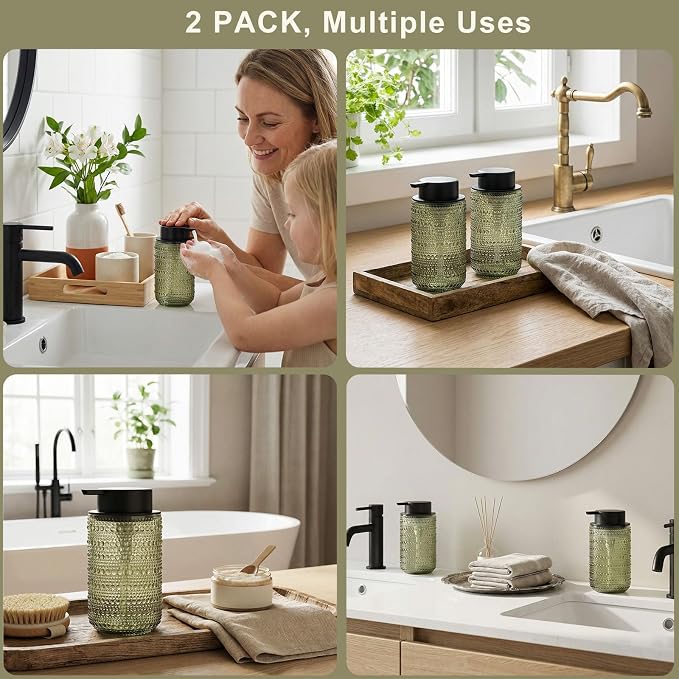 Green Glass Foaming Soap Dispenser, 2 Pack Vintage Foam Hand Soap Dispenser, 14 OZ Hobnail Texture Foam Dispenser with Black Pump for Bathroom, Kitchen, Refillable, Nordic Modern Farmhouse Decor ﻿