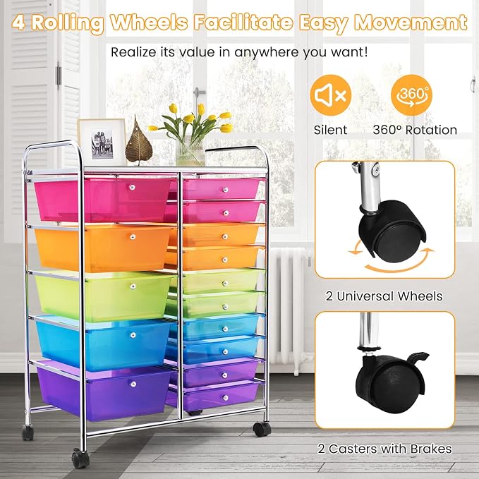 DREAMADE Rolling Cart with 15 Drawers, Utility Cart with Removable Storage Drawers, Lockable Wheels, Art Cart for Home Office Living Room Art Supplies Crafts (Rainbow, 25"L x 14.5"W x 34.5"H)