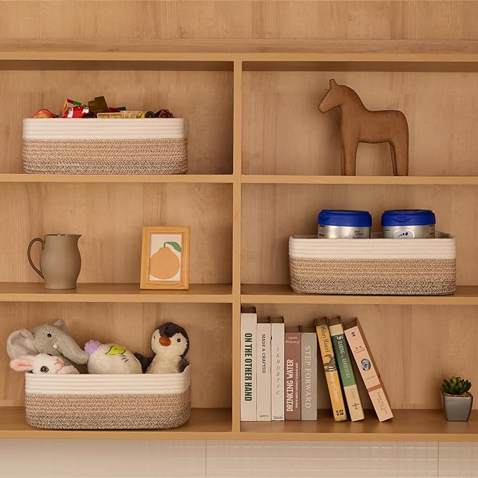 MiniArk Large Shallow Organizing Baskets 15x11x5.1 Inches - Rope Woven Storage Bins for Bathroom, Shelves, Cube Closet, Gradient Brown 3 Packs
