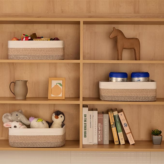 MiniArk Large Shallow Organizing Baskets 15x11x5.1 Inches - Rope Woven Storage Bins for Bathroom, Shelves, Cube Closet, Gradient Brown 4 Packs