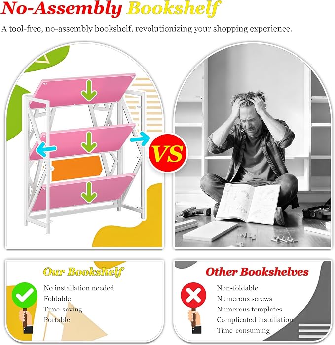 UDD No Assembly Wide Folding Bookshelf, 34" H x 30.9" W, 3 Tier Foldable Book Shelf Industrial Bookcase, Vintage Collapsible Storage Shelves for Home Office Living Room Bedroom, Pink White