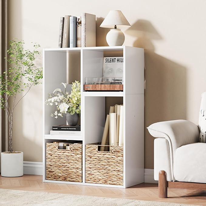 MapleGrace 6 Cube Storage Organizer, Wooden Storage Shelves Bookcase with Back Panels, Stackable Display Bookshelf Includes 2 Wicker Baskets for Living Room, Bedroom, Study, Hallway, White