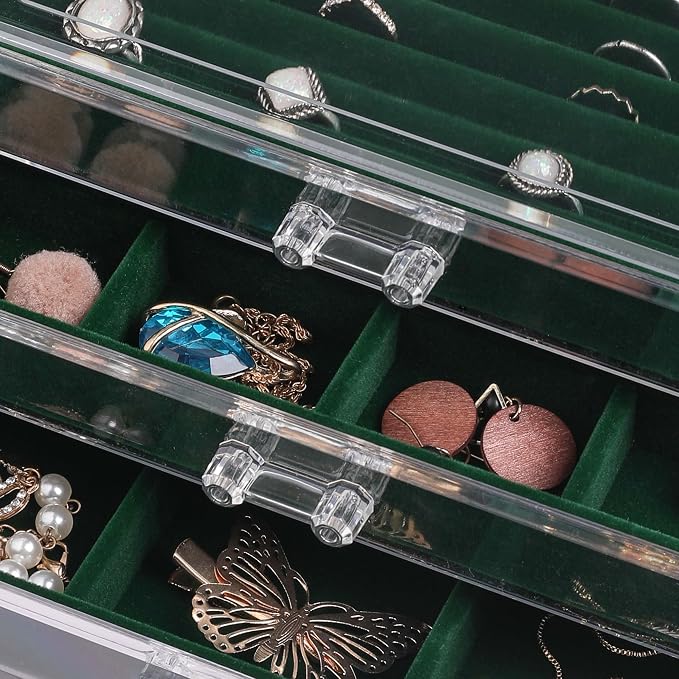 Frebeauty Extra Large Acrylic Jewelry Box for Women 5 Layers Clear Jewelry Organizer Velvet Earring Box with 5 Drawers Rings Display Case Necklaces Holder Tray for Women Girls(Blackish Green) | Jewelry Storage for Rings Earrings Bracelets,Dustproof,Vel...